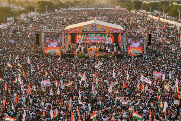 Extremely dense crowd of people at an Indian political rally, highlighting severe overcrowding that led to a fatal crush.