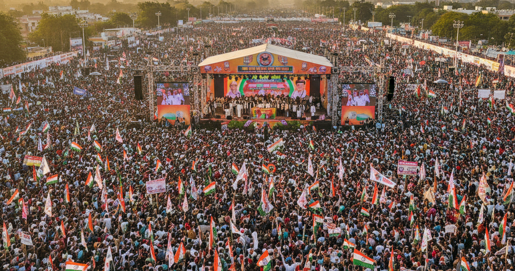 Extremely dense crowd of people at an Indian political rally, highlighting severe overcrowding that led to a fatal crush.
