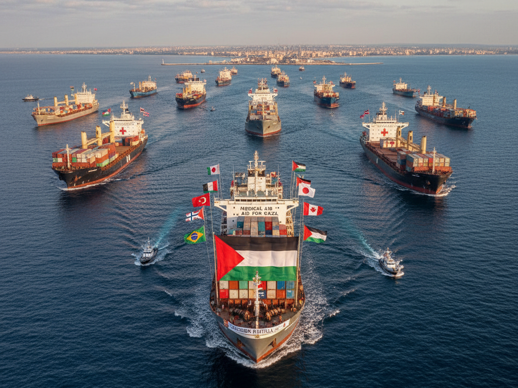 Large international flotilla of over 50 ships sailing together in the sea, attempting to break the Gaza blockade.