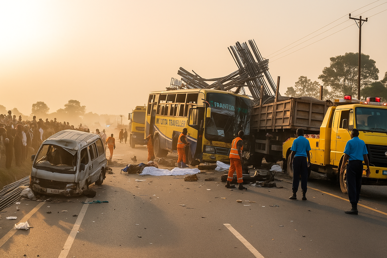 Emergency responders at the scene of a highway crash in Uganda