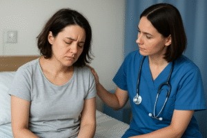 Healthcare worker talking to a patient at a mental health facility in Coventry